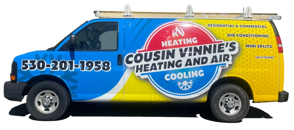 The image shows a service van for Cousin Vinnie's Heating and Air, displaying the phone number 530-201-1958